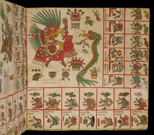 Azték Codex Borbonicus, "Tonalamatl", Quetzalcoatl és Tezcatlipoca ábrázolásának részlete.